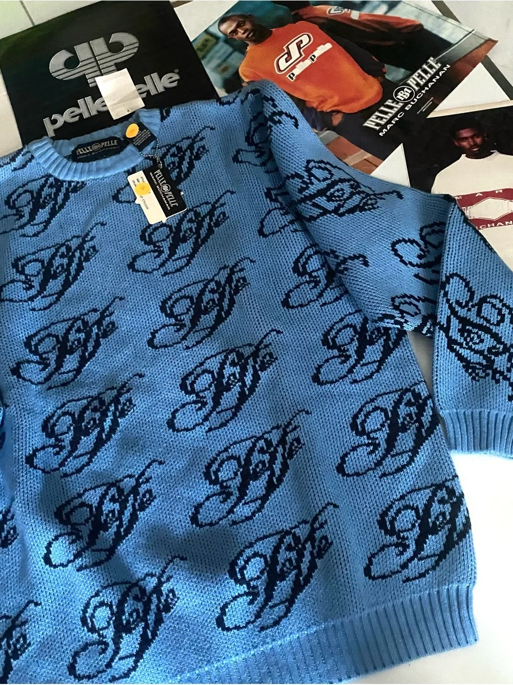 Pelle Pelle Light Blue Crewneck Sweater with Navy Script Logo - Picture 6 of 7